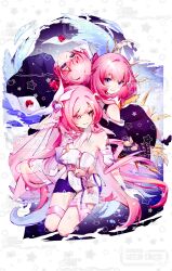 3girls angel_wings black_dress black_shorts blue_eyes breasts coat color_connection company_connection corset cyrene_(honkai:_star_rail) diamond-shaped_pupils diamond_(shape) dress elysia_(herrscher_of_human:_ego)_(honkai_impact) elysia_(honkai_impact) falkenhayn_mercenary_leader_(zenless_zone_zero) hair_color_connection highres honkai:_star_rail honkai_(series) honkai_impact_3rd inoue_marina jingxinzhiyun large_breasts long_hair mihoyo missing_commentary multiple_girls pink_hair purple_coat purple_eyes short_hair shorts symbol-shaped_pupils thigh_strap transparent_background veil very_long_hair voice_actor_connection watermark white_corset white_veil wings yanning zenless_zone_zero