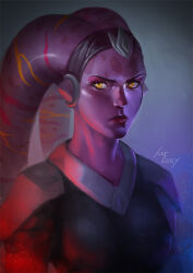 1girl alien armor artist_name black_shirt colored_skin hifarry lekku_(anatomy) looking_to_the_side orange_eyes pauldrons pink_skin shirt shoulder_armor solo star_wars twi&#039;lek upper_body