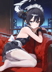 1girl absurdres alternate_costume bare_shoulders black_dress black_hair black_wrist_cuffs blue_archive butterfly_hair_ornament city closed_mouth commentary_request couch double_bun dress frilled_dress frills grey_eyes grey_halo hair_bun hair_ornament halo highres huge_filesize kisaki_(blue_archive) loli long_hair looking_at_viewer maid_headdress night night_sky on_couch pantyhose sky sleeveless sleeveless_dress soles solo toi1et_paper twintails white_headdress white_pantyhose wrist_cuffs