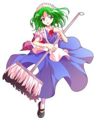 1girl alphes_(style) android apron black_shoes blue_dress bow bowtie commentary_request dairi dress frilled_sleeves frills full_body green_hair holding large_variant_set leg_up maid maid_apron maid_headdress mary_janes mop parody parted_bangs puffy_short_sleeves puffy_sleeves red_bow red_bowtie ruukoto shoes short_hair short_sleeves socks solo style_parody tachi-e tareme touhou touhou_(pc-98) transparent_background variant_set waist_apron white_apron white_socks