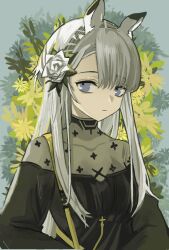 Rule 34 | 1girl, animal ears, arknights, black shirt, closed mouth, commentary request, corrupted twitter file, covered collarbone, expressionless, flower, grey eyes, grey hair, hair flower, hair ornament, heavyrain (arknights), heavyrain (tranquil moss) (arknights), highres, long hair, long sleeves, looking at viewer, official alternate costume, one-hour drawing challenge, piroropepon, shirt, solo, upper body, white flower