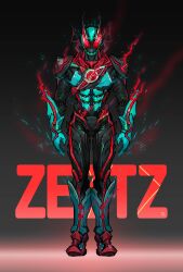 1boy absurdres armor black_background character_name full_body green_armor green_helmet helmet highres kamen_rider_zeztz kamen_rider_zeztz_(series) rcj red_eyes simple_background solo tokusatsu