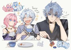 Rule 34 | 1boy, 1girl, absurdres, aged down, ahoge, ancient greek clothes, animalization, artist name, bare shoulders, black shirt, blue shirt, bowl, cat, chopsticks, coat, commentary, cyrene (honkai: star rail), dog, dress, english commentary, english text, food, greco-roman clothes, highres, holding, holding bowl, holding chopsticks, honkai: star rail, honkai (series), jewelry, multicolored hair, necklace, official alternate costume, open mouth, partially shaded face, person and animalization, phainon (a dream scented in wheat) (honkai: star rail), phainon (honkai: star rail), pink cat, pink hair, purple coat, rice bowl, shiii rra11, shirt, short hair, two-tone hair, white dog, white dress, white hair