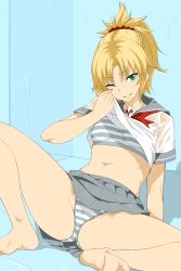 1girl ;d absurdres araki_jeccy ass barefoot blonde_hair bra breasts cameltoe fate/apocrypha fate_(series) female_focus green_eyes grin highres looking_at_viewer medium_breasts mordred_(fate) mordred_(fate/apocrypha) navel one_eye_closed open_mouth panties parted_lips pleated_skirt ponytail school_uniform see-through_clothes serafuku simple_background skirt smile solo spread_legs striped_clothes striped_panties teeth underwear wet wet_clothes