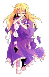 1girl alphes_(style) bare_arms blonde_hair bow closed_eyes commentary_request dairi defeat dress frilled_dress frills full_body hair_between_eyes hat hat_bow holding holding_unworn_clothes holding_unworn_hat kirisame_marisa kirisame_marisa_(pc-98) large_variant_set long_hair parody purple_dress purple_hat short_sleeves socks solo standing style_parody sweatdrop tachi-e torn_clothes torn_dress touhou touhou_(pc-98) transparent_background unworn_hat unworn_headwear variant_set white_socks witch_hat
