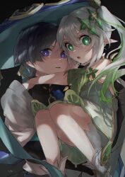 1boy 1girl absurdres anklet aqua_sleeves armlet bamhao bare_shoulders black_background black_bodysuit black_bridal_gauntlets black_hair bloomers blue_hat blunt_ends bodysuit bridal_gauntlets bright_pupils carrying carrying_person cross-shaped_pupils detached_sleeves dress eyelashes eyeliner eyeshadow genshin_impact glowing_pupils gold gold_trim green_eyes green_hair green_sleeves grey_dress hair_between_eyes hand_on_another&#039;s_back hand_on_another&#039;s_shoulder hat heads_together highres japanese_clothes jewelry jingasa kimono knees_up layered_sleeves long_hair looking_at_viewer makeup mandarin_collar multicolored_hair nahida_(genshin_impact) open_clothes open_kimono open_mouth parted_lips pointy_ears princess_carry purple_eyes red_eyeliner red_eyeshadow scaramouche_(genshin_impact) short_sleeves side_ponytail sidelocks signature streaked_hair symbol-shaped_pupils underwear wanderer_(genshin_impact) white_bloomers white_footwear white_hair white_kimono white_pupils white_sleeves wide-eyed
