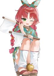 1girl ;d absurdres apple arknights blue_kimono blue_ribbon braid brown_sandals commentary_request dokomon fang flag food fruit full_body geta golden_apple green_eyes hair_ornament hair_ribbon hairclip highres holding holding_flag japanese_clothes kimono korean_commentary long_hair looking_at_viewer low_twintails myrtle_(arknights) one_eye_closed open_mouth parted_bangs pointy_ears print_kimono red_hair ribbon sandals simple_background smile solo squatting twin_braids twintails very_long_hair white_background white_flag