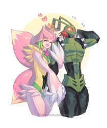 1boy 1girl blush bug confeito000_333 couple cowboy_shot digimon digimon_xros_wars heart highres leotard lilamon simple_background stingmon white_background yellow_leotard