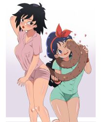 2girls bandana black_hair blue_hair blush brown_fur dragon_ball dragonball_z gine heart heart-shaped_pupils lunch_(dragon_ball) lunch_(good)_(dragon_ball) multiple_girls panties pulling_own_clothes shirt shorts snowprince999 symbol-shaped_pupils tail underwear yuri