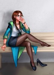 alternate_costume black_skirt formal_clothes frilled_shirt_collar frills glasses high_heels highres julia_chang miniskirt namco pantyhose pencil_skirt sitting skirt skirt_suit suit tekken tight_skirt
