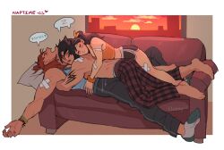 1girl 2boys bandage_on_leg bandages barefoot black_hair black_shorts blush border cityscape closed_eyes commentary couch crop_top drawstring english_commentary english_text grey_pants hair_behind_ear hair_tie highres hwoarang_(tekken) kazama_jin lila_(lilakeylk) ling_xiaoyu lying midriff multiple_boys on_back on_couch open_mouth orange_hair orange_shirt outstretched_arm pajamas pants pillow plaid_clothes plaid_pants ponytail shirt short_ponytail short_shorts shorts sleeping sleeping_on_person snoring socks speech_bubble sun sunset sweatpants tank_top tattoo tekken tekken_8 topless_male twintails twitter_username white_border window wristband