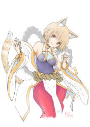 1girl animal_ears bare_shoulders breasts brown_eyes brown_hair cat_ears cat_girl cat_tail fox_shadow_puppet haori highres iris_mysteria! japanese_clothes large_breasts laura_kelyrie looking_at_viewer tail umeshouga white_background