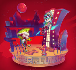 10s 2boys armor bad_id bad_pixiv_id battle blue_fire cable cap1101 chibi faux_figurine fighting fire fire_hydrant flying full_moon kaburagi_t._kotetsu lips lunatic_(tiger_&amp;_bunny) mask moon multiple_boys power_armor power_suit red_moon spandex superhero_costume tiger_&amp;_bunny wild_tiger