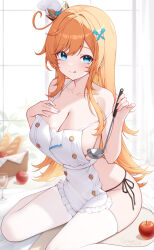 1girl :q absurdres apple apron blue_eyes breasts collarbone commentary_request escoffier_(genshin_impact) food fruit genshin_impact hand_on_own_chest highres holding holding_ladle ladle large_breasts long_hair looking_at_viewer mini_chef_hat naked_apron orange_hair origami_(poinia) sidelocks sitting solo thighhighs tongue tongue_out wariza white_thighhighs