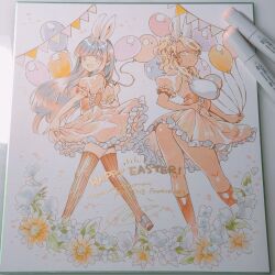 2girls :3 :d animal_ears art_tools_in_frame ball balloon black_hair blonde_hair braid breasts brown_hair commentary copyright_name corset crown_braid dress easter floating_hair flower food_court_de_mata_ashita from_side happy_easter highres holding holding_ball kneepits long_hair looking_at_viewer looking_to_the_side medium_hair multiple_girls nariie_shin&#039;ichirou open_mouth pennant photo_(medium) pink_dress puffy_short_sleeves puffy_sleeves rabbit_ears ribbed_socks ribbed_thighhighs shoes short_sleeves signature skirt_hold smile socks symbol-only_commentary tan thighhighs traditional_media underbust upskirt wada_(food_court) yamamoto_(food_court)