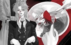 2boys absurdres apple blood blood_on_face buttons chinese_commentary coat collared_shirt commentary_request curtained_hair double-breasted earrings food fork fruit gloves greyscale grin hands_on_another&#039;s_shoulders hatsutori_hajime highres holding holding_fork holding_knife jacket jewelry knife lapels long_hair long_sleeves monochrome multiple_boys necktie notched_lapels open_clothes open_coat open_mouth parted_bangs plate ranfang_jinzhi red_eyes saibou_shinkyoku shirt short_hair sidelocks smile spot_color theodore_riddle