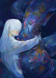 1girl albino couple cthulhu_mythos hair_over_eyes hug interspecies kuda_wasabi lavinia_whateley long_hair monster sharp_teeth teeth the_dunwich_horror white_hair yog-sothoth