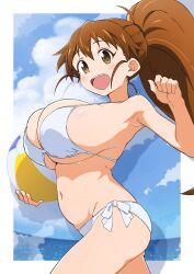 1girl absurdres alluremyth ball beachball bikini blue_sky bouncing_breasts breasts brown_eyes cloud highres large_breasts long_hair navel open_mouth round_teeth side-tie_bikini_bottom sky smile solo swimsuit taneshima_popura teeth upper_teeth_only white_bikini working!!