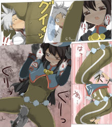 black_hair blush bodysuit brown_eyes chloe_valens femdom giant giantess hat mini_person miniboy name_john senel_coolidge smother tales_of_(series) tales_of_legendia
