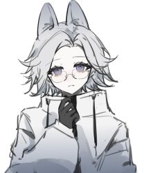 1boy aotsuki_eito black_gloves blue_eyes closed_mouth eyebrows eyelashes frown glasses gloves highres long_sleeves looking_at_viewer male_focus parted_hair rabbit_ears simple_background solo solo_focus the_hundred_line_-last_defense_academy- white_background white_hair