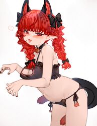 1girl :d animal_ears bare_shoulders black_bra black_nails black_panties blush bra braid breasts cat_ears cat_lingerie cat_tail cleavage commentary_request fang highres kaenbyou_rin kochiya_(gothope) meme_attire navel open_mouth paid_reward_available panties pointy_ears purple_eyes red_hair simple_background skin_fang smile solo tail touhou twin_braids underwear underwear_only white_background