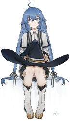 1girl absurdres ahoge bare_legs black_bow black_socks blue_eyes blue_hair boots bow braid braided_twintails collared_dress dated dress full_body hair_bow hat highres invisible_chair knee_blush large_hat legs_together long_hair looking_at_viewer low_twintails mushoku_tensei panties panty_peek roxy_migurdia signature simple_background sitting smile socks solo straight-on twin_braids twintails underwear unworn_hat unworn_headwear very_long_hair white_background white_boots white_dress white_panties witch_hat yisjhui