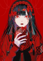 1girl black_hair black_nails black_neckerchief bow checkered_clothes closed_mouth commentary_request flower_hairband hair_ornament hair_ribbon hairclip heart highres holding holding_phone long_hair long_sleeves looking_at_viewer nail_polish neckerchief original phone red_bow red_eyes red_lips ribbon sailor_collar school_uniform sidelocks solo syakemayusan