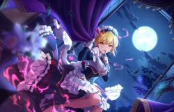 1girl bat_wings blonde_hair breasts cleavage cloud corset curtains falling_leaves frills game_cg gloves green_eyes high_heels idolmaster idolmaster_cinderella_girls idolmaster_cinderella_girls_starlight_stage leaf magic maid maid_headdress miyamoto_frederica moon official_art open_window sitting solo tree window wings