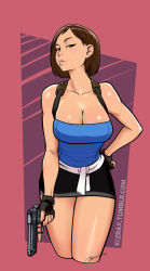 1girl bare_legs black_gloves bob_cut breasts brown_hair bustier casual cleavage clothes_around_waist cropped_legs female_focus fingerless_gloves gloves gun half-closed_eyes hand_on_own_hip handgun holster izra jill_valentine large_breasts leaning_forward lips looking_at_viewer miniskirt nose pistol resident_evil resident_evil_3:_nemesis short_hair shoulder_holster skirt solo strapless sweater sweater_around_waist swept_bangs trigger_discipline weapon