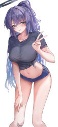 1girl absurdres bandaid bandaid_on_knee bandaid_on_leg black_shirt blue_archive blue_buruma buruma hair_between_eyes highres long_hair looking_at_viewer navel nonoka7221 official_alternate_costume official_alternate_hairstyle ponytail purple_eyes purple_hair shirt short_sleeves sidelocks solo stomach t-shirt tied_shirt tongue tongue_out v yuuka_(blue_archive) yuuka_(track)_(blue_archive)