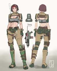 1girl abs absurdres ammunition_pouch armor artist_name astra_militarum belt_pouch boot_knife boots breasts camouflage catachan_jungle_fighter charm_(object) cleavage fangs fingerless_gloves gloves greaves gun handgun headband headset highres holster knee_pads knife large_breasts lasgun looking_at_viewer military_uniform pauldrons pink_eyes pouch radio red_headband short_hair shoulder_armor signature skull smile solo submachine_gun toned warhammer_40k weapon zephart
