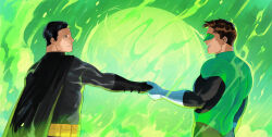 2boys absurdres bara batman batman_(series) black_bodysuit black_cape black_gloves black_hair bodysuit brown_hair bruce_wayne cape dc_comics domino_mask gloves green_bodysuit green_lantern green_lantern_(series) grey_bodysuit hal_jordan haljordanmylove highres holding_hands large_pectorals looking_at_another male_focus mask multiple_boys muscular muscular_male open_mouth pectorals short_hair smile superhero_costume two-tone_bodysuit white_gloves yaoi