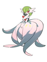:d absurdres colored_skin dress full_body gardevoir gen_3_pokemon green_hair hair_between_eyes highres lanjiujiu looking_at_viewer mega_gardevoir mega_pokemon nintendo open_mouth pokemon pokemon_(creature) pokemon_focus red_eyes short_hair smile solo white_background white_dress white_skin
