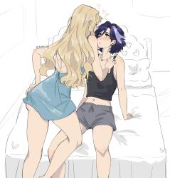2girls bed black_tank_top blonde_hair blue_dress blue_eyes blue_hair blush clorinde_(genshin_impact) commentary dress english_commentary genshin_impact grey_shorts heart highres long_hair multiple_girls navia_(genshin_impact) on_bed partially_colored pillow seijousai short_dress short_hair shorts tank_top very_long_hair yuri