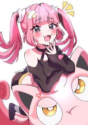 absurdres bandaid bandaid_on_head coral_(pokemon) eyelashes fang highres mesugaki nintendo off-shoulder_shirt off_shoulder pink_hair pokemon pokemon_(anime) pokemon_horizons scream_tail shirt twintails yukimaru_(jvje4777)