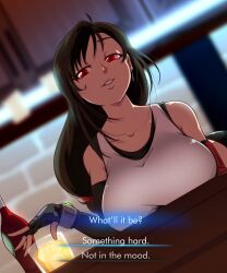 1girl absurdres bar_(place) black_hair bottle breast_rest breasts collarbone counter dialogue_box dialogue_options earrings english_text final_fantasy final_fantasy_vii final_fantasy_vii_remake fingerless_gloves fluffysukiart gloves highres jewelry large_breasts long_hair looking_at_viewer low-tied_long_hair materia parted_lips red_eyes tank_top tifa_lockhart
