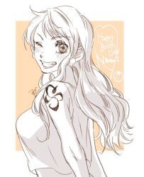 Rule 34 | 1girl, bare shoulders, birthday, blush, border, breasts, character name, commentary request, earrings, eyelashes, food, from side, fruit, greyscale with colored background, grin, happy birthday, heart, jewelry, large breasts, long hair, looking at viewer, looking to the side, mandarin orange, matsuda (louol), nami (one piece), one eye closed, one piece, outside border, pearl earrings, shirt, shoulder tattoo, sleeveless, sleeveless shirt, smile, solo, tattoo, upper body, wavy hair, white border