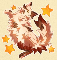 Rule 34 | :3, a starless clan, animal, animal focus, brown fur, cat, fang, fluffy, full body, highres, kitty (fernwhisker), looking at viewer, lying, no humans, on back, one eye closed, outline, pawpads, signature, simple background, solo, star (symbol), sunbeam (warrior cats), tail, warrior cats, white fur, white outline, yellow background, yellow eyes