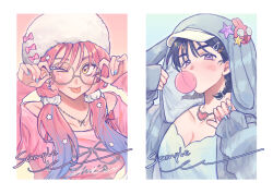 2girls ;p adjusting_eyewear alien_stage alternate_costume alternate_hairstyle animal_ear_hood animal_ears baseball_cap blowing_bubbles blue_hair blue_nails bow breasts chewing_gum chocorocotan cleavage collarbone commentary droopy_ears english_commentary fake_animal_ears glasses gradient_hair hair_ornament hair_scrunchie hairclip hat hat_bow heart heart_necklace hood jewelry long_hair low_twintails mizi_(alien_stage) multicolored_hair multicolored_nails multiple_girls necklace one_eye_closed pink_eyebrows pink_hair pink_nails pink_shirt portrait purple_eyes rabbit_ears round_eyewear sample_watermark scrunchie shirt sleeves_past_wrists sua_(alien_stage) tongue tongue_out twintails two-tone_hair watermark white_hat white_nails white_scrunchie yellow_eyes