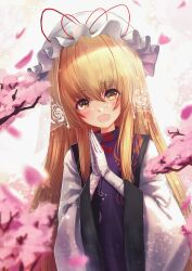 1girl blonde_hair blush cherry_blossoms dress falling_petals gloves hair_between_eyes hanami hat hat_ribbon highres long_hair long_sleeves looking_at_viewer mob_cap open_mouth own_hands_together petals pink_petals purple_tabard red_ribbon ribbon smile solo tabard teruteru12 touhou upper_body veil very_long_hair white_dress white_gloves white_hat wide_sleeves yakumo_yukari yellow_eyes