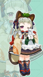 1girl alternate_costume animal_ears black_bow black_bowtie black_shoes blush bow bowtie commentary_request dress enmaided food food_request frilled_hairband frills genshin_impact gloves gotoh_(nekocat) green_background hairband hand_up holding holding_food leaf leaf_on_head long_sleeves looking_at_viewer maid one_eye_closed purple_eyes red_bow red_bowtie sandals sayu_(genshin_impact) shoes striped_bow striped_bowtie striped_clothes white_gloves white_hairband zoom_layer