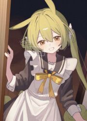 1girl animal_ears apron black_dress bow bowtie brown_eyes corn_kuten cowboy_shot dated dress frilled_apron frills green_hair grin hair_between_eyes long_hair looking_at_viewer maid sleeves_rolled_up smile solo twintails voicevox watermark white_apron yellow_bow yellow_bowtie zundamon