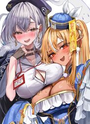 2girls :d black_choker black_gloves blonde_hair blue_coat blue_dress blue_hat blue_sleeves blush braid breast_on_breast breasts choker cleavage_cutout clothing_cutout coat coat_on_shoulders collared_shirt commentary_request cosplay crossed_bangs dark-skinned_female dark_skin don-chan_(usada_pekora) double-parted_bangs dress earrings elf fang fingerless_gloves frilled_dress frills fur-trimmed_coat fur_trim gloves green_eyes grey_hair hair_between_eyes hand_up hat heart heart-shaped_pupils high_ponytail highres hololive houshou_marine houshou_marine_(businesswoman) houshou_marine_(cosplay) id_card jewelry jiangshi_costume lanyard large_breasts long_hair long_sleeves looking_at_viewer mandarin_collar mini_hat multicolored_hair multiple_girls ofuda open_mouth partially_unbuttoned pointy_ears pom_pom_(clothes) pom_pom_earrings ponytail qingdai_guanmao rum_raisin_(chihiromakita19) shiranui_flare shirogane_noel shirt short_hair sidelocks simple_background skin_fang sleeveless sleeveless_shirt sleeves_past_fingers sleeves_past_wrists smile streaked_hair symbol-shaped_pupils upper_body usada_pekora usada_pekora_(10th_costume) usada_pekora_(cosplay) virtual_youtuber wavy_hair white_background white_hair white_shirt