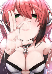 1girl absurdres after_cunnilingus after_ejaculation bare_shoulders black_collar blush breasts chain cleavage collar commentary_request cum eyebrows_hidden_by_hair eyes_visible_through_hair fellatio_gesture female_focus green_eyes hair_between_eyes half-closed_eyes highres huge_filesize ikaros large_breasts lips looking_at_viewer naughty_face red_hair saliva short_hair simple_background smile solo sora_no_otoshimono teeth tomodachi_(tomofanart) twitter_logo upper_body upper_teeth_only white_background ||/