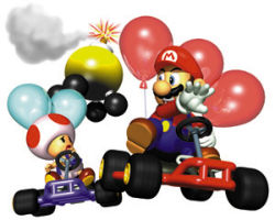 1990s_(style) 2boys 3d balloon bomb creature explosive facial_hair gloves kart lowres mario mario_(series) mario_kart mario_kart_64 multiple_boys mustache nintendo official_art racing retro_artstyle scared short_hair simple_background super_mario_bros._1 toad_(mario) white_background