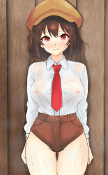 1girl absurdres blush breasts brown_hair brown_shorts commentary_request covered_erect_nipples cowboy_shot female_pubic_hair frown hat highres hinben large_breasts long_sleeves micro_shorts newsboy_cap no_bra pubic_hair pubic_hair_peek red_eyes shameimaru_aya shameimaru_aya_(newsboy) shirt short_hair shorts solo touhou white_shirt