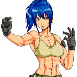 1girl arm_up blue_eyes blue_hair breasts curvy earrings female_focus gloves ha_get3rd hand_up huge_breasts jewelry large_breasts leather leona_heidern long_hair military pants ponytail shirt tank_top the_king_of_fighters