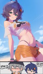 1boy 1girl absurdres bare_shoulders beach belle_(zenless_zone_zero) bikini bikini_under_clothes black_bikini blue_hair blue_sky blush bracelet breasts brother_and_sister bucket_hat daniel_deves english_text green_eyes grey_hair hair_ornament hat highleg highleg_bikini highres jewelry letter_hair_ornament looking_at_viewer low_twintails medium_breasts mismatched_bikini navel orange_bikini orange_shorts shirt shore short_hair short_shorts short_sleeves short_twintails shorts siblings sky smile speech_bubble swimsuit thighs tied_shirt twintails white_shirt wise_(zenless_zone_zero) zenless_zone_zero