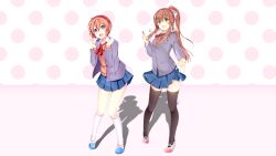 2girls :d alternate_hair_length alternate_hairstyle black_thighhighs blazer blue_eyes blue_skirt blush bow breasts brown_hair brown_sweater clenched_hands collared_shirt commentary contrapposto doki_doki_literature_club doki_doki_literature_club_plus doki_doki_literature_club_school_uniform double-parted_bangs dress_shirt english_commentary excited floating_hair full_body game_cg green_eyes grey_jacket hair_bow head_tilt high_ponytail highres holding holding_pen jacket kagefumi key_visual kneehighs knees_together_feet_apart large_bow leaning_forward legs_apart long_eyelashes long_hair long_sidelocks long_sleeves looking_at_viewer mary_janes medium_breasts miniskirt monika_(doki_doki_literature_club) multiple_girls neck_ribbon non-web_source official_art open_clothes open_hand open_jacket open_mouth outstretched_arm pen pleated_skirt polka_dot polka_dot_background ponytail promotional_art red_bow red_ribbon ribbon sayori_(doki_doki_literature_club) school_uniform shadow shirt shoes short_hair sidelocks skirt smile socks standing sweater tareme thick_eyelashes thighhighs thighs v-neck wavy_hair white_background white_bow white_shirt white_shoes white_socks zettai_ryouiki