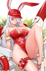 Rule 34 | 1girl, absurdly long hair, absurdres, animal ears, arm support, armband, azur lane, bare shoulders, black nails, blush, breasts, chair, chinese commentary, cleavage, collarbone, commentary request, donut innertube, fake tail, flip-flops, hair between eyes, hand up, hat, highleg, highleg one-piece swimsuit, highres, knee up, large breasts, lifebuoy, lifeguard, lifeguard chair, long hair, looking at viewer, mcic0, mole, mole on body, mole under eye, official alternate costume, one-piece swimsuit, one eye closed, parted lips, pouch, prinz heinrich (azur lane), prinz heinrich (rabbit on watch) (azur lane), rabbit ears, red eyes, red hat, red one-piece swimsuit, sandals, shadow, sidelocks, sitting, skindentation, smile, solo, strapless, strapless one-piece swimsuit, swim ring, swimsuit, tail, thigh pouch, very long hair, whistle, whistle around neck, white background, white hair